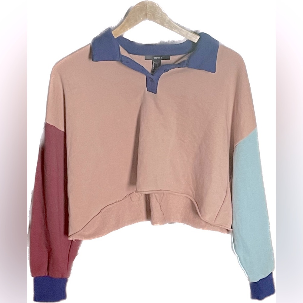 EUC!!🌻Forever 21 Colorblock Long Sleeve Polo Crop Top size S